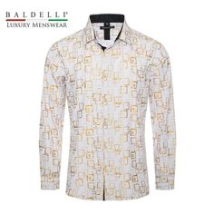 Elegant Gold Foil Embossed White Shirt, Regular Fit Gold Formal Shirt For Summer, Summer Formal Gold Shirt, White Slim Fit Dress Shirt For Summer, Gold Formal Shirt For Spring, White Business Tops For Summer, Modern White Shirt For Spring, Modern Slim Fit White Tops, Modern White Dress Shirt For Spring, Modern Slim Fit White Top