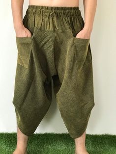 "Male Model Tall 5'9\" Waist 34\" Samurai Pants - elastic waistband, Unisex pants, beautiful casual pants is unique & comfortable to wear Handmade with a very lovely pattern, it is easy to wear and great for many occasions. One size fits most. These pants are great for many different activities like traveling, dancing, going to festivals, rock climbing, yoga, meditation, massage, working out, martial arts, Taichi MATERIAL: 100% Cotton APPROX MEASUREMENT: Waist: 24\"- 40\" Length: 27\" (Refer Casual Baggy Yoga Pants, Baggy Casual Yoga Pants For Yoga, Comfortable Spring Pants With Pockets, Non-stretch Cotton Harem Pants For Loungewear, Casual Harem Bottoms With Elastic Waistband, Casual Non-stretch Harem Bottoms, Casual Harem Pants For Yoga In Spring, Casual Spring Harem Pants For Yoga, Non-stretch Harem Pants With Tapered Leg And Elastic Waistband