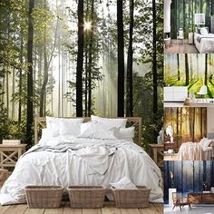 there is a collage of pictures with trees in the background and white bedding