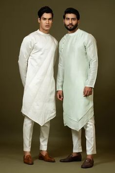 Shop for Paarsh Ivory Chid Embroidered Asymmetric Kurta Set for Men Online at Aza Fashions Formal White Kurta For Spring, White Linen Fitted Kurta, White Fitted Linen Kurta, Satin Kurta, Ivory Outfit, Asymmetric Kurta, Satin Pyjama, Kurta Patterns, Green Outfit