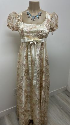 Regency Era/bridgeton Inspired Ball Dress/costume - Etsy Gold Regency Dress, Regency Prom Dress, Elegant Lace Ball Gown For Prom Season, Elegant Lace Ball Gown For Prom, Beige Evening Dress For Banquet And Prom Season, Beige Evening Dress For Banquet And Prom, Fitted Beige Gown For Banquet, Gold Satin Dress For Banquet, Elegant Lace Evening Dress For Banquet