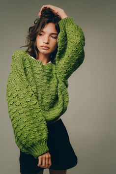 Crochet Green Puff Dream sweater, one of a kind, exclusive by Tania Skalozub Note: I am beginning to sell out some of my crochet clothes which are new, but were used in photo sessions on models, so may have some signs of previous use. Hand crocheted from CotLin YARN (70% Tanguis Cotton, 30% Linen) To fit S M  Sleeve length 35 cm + 7 cm ribbing Green And Brown Crochet Sweater, Green Crochet Knit Sweater, Dark Green Crochet Sweater, Green Crochet Casual Sweater, Green Acrylic Knit Sweater, Diy Sweater, Green Sweater, Handmade Fashion, Cozy Knits