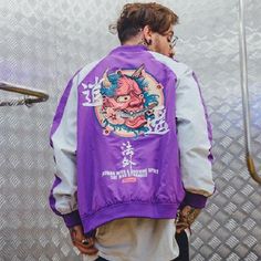 Samurai Mask Embroidery Hip Hop Zippered Jacket-unisex-wanahavit-purple-M-wanahavit Mask Embroidery, Men Embroidery, Samurai Mask, Chinese Fabric, Urban Hip Hop, Streetwear Jackets, Printed Jacket, Cheap Jacket, Fashion Male