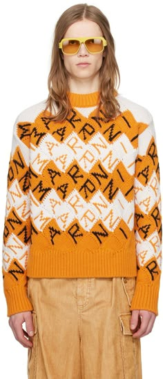 Knit virgin wool- and alpaca-blend sweater. · Jacquard check and logo pattern throughout · Rib knit crewneck, hem, and cuffs Supplier color: Light orange