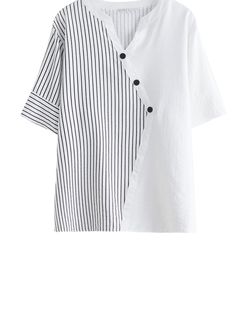 Stay stylish and comfortable with our Women's Button-Up Striped Tops. Crafted from soft and breathable cotton. these tops are perfect for any season. Available in classic white. timeless black. and refreshing green with trendy stripes. they add a touch of sophistication to your wardrobe. The V-neck design complements all body types. while the short sleeves offer a casual yet chic look. With a one-size-fits-all approach. the top's measurements include a length of 72cm. bust of 130cm. shoulder wid Striped Cotton V-neck Blouse, Spring Cotton Blouse With Striped Sleeves, Summer Cotton Blouse With Striped Sleeves, Casual Cotton Blouse With Striped Sleeves, White Vertical Stripes Blouse For Spring, Striped Cotton Blouse With Buttons, White Tops With Striped Sleeves Relaxed Fit, Relaxed Fit White Tops With Striped Sleeves, Striped Cotton V-neck Shirt