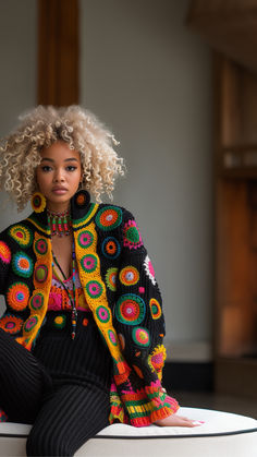 a woman sitting on top of a white table wearing black pants and a colorful sweater