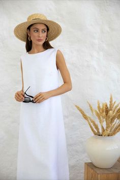 Linen maxi dress with boat neck and open back for women with feminine look. Made from washed linen to prevent shrinkage after washing. Completely organic and hypoallergenic. • All clothing made from washed European blend linen (60% linen and 40% cotton) • OEKO-TEX certified fabric (no harmful chemicals used in production) • Maxi length • Boat neck • Open back with ties • Double layer top (bust) • From XS to Plus size • Perfect clothing for summer Elegant Sleeveless Unlined Maxi Dress, Summer Linen A-line Maxi Dress, Summer Beach A-line Linen Dress, Linen A-line Sleeveless Dress For Vacation, Fitted Unlined Linen Dress For Beach, Chic Linen Maxi Dress For Summer, Sleeveless Linen Maxi Dress For Day Out, Chic A-line Linen Dress For Vacation, Elegant Linen Maxi Dress For Beach