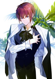 an anime character with red hair and black pants, holding his hands out to the side