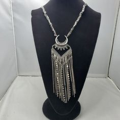 Bke Bohemian Statement Necklace Silver-Black Chain And Rhinestones 24 Inch Length With 6 Inch Tassel Dangle Alloy Chain Necklace For Parties, Party Wear Dangle Chain Necklace In Alloy, Silver Alloy Pendant Crystal Necklaces, Adjustable Metal Rhinestone Pendant Necklace, Rhinestone Pendant Necklace With Adjustable Chain, Rhinestone Necklace With Adjustable Chain And Dangle Shape, Silver Rhinestone Necklace With Alloy Chain, Bohemian Silver Rhinestone Necklace As A Gift, Rhinestone Dangle Necklace With Adjustable Chain