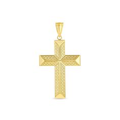 "14k solid gold double sided cross pendant. measures approx 1 3/4\" by 1\". high polish finish." Yellow Gold Polished Cross Necklace Pendant, 14k Gold Diamond Cut Cross Necklace, Engraved Yellow Gold Cross Pendant Necklace, Engraved Yellow Gold Cross Necklace, Gold Cross Jewelry With Large Pendant, Diamond Cut Yellow Gold Cross Pendant, Gold Crucifix Cross Necklace With Polished Finish, Gold Crucifix Necklace With Polished Finish, Yellow Gold Diamond-cut Cross Pendant