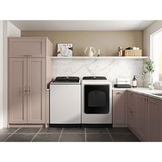 a kitchen scene with focus on the washer and dryer