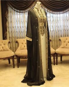 Buy Sale! Handcrafted Jacket Style Black & White Zari Work Kaftan Dress - Elegant Party Wear Georgette Kaftan - African Attire Shop Georgette Kaftan, African Kaftan, Full Sleeves Design, Zari Embroidery, Moroccan Kaftan, Elegant Jacket, Tassel Dress, Arab Fashion, Collar Neck