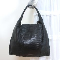 Pre-Loved. Light Wear On Bottom Corners. A Few Smudges May Come Out With A Professional Cleaning. Lining Is A Little Dusty. Does Not Come With Dustbag. *Silver Hardware. Zips* Bag Height 17.5" Bag Length 20.75" Bag Depth 5.25" Strap Drop 12.5" Designer Black Shoulder Bag With Crocodile Pattern, Designer Black Crocodile Pattern Bag, Luxury Black Textured Leather Hobo Bag, Luxury Black Rectangular Hobo Bag, Crochet Hobo Bag, Hobo Crossbody Bag, Floral Bags, Crocodiles, Large Shoulder Bags