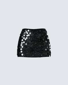 Lights, camera, sparkle ✨ With large metallic circle sequins, a fitted style, and a low-rise fit - this black mini skirt will take any girls' night out to the next level 🖤 Black Sparkle Skirt, Embellished Black Mini Skirt, Sequence Skirts, Black Sparkle Outfit, Black Sparkly Skirt, Sparkly Mini Skirt, Black Sequin Mini Skirt, Beaded Fringe Trim, Glitter Skirt