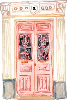 a painting of two doors with pink and black designs on the front, and one red door