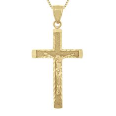 Crafted of quality 14 karat yellow gold  this lovely crucifix pendant is the perfect gift for any occasion. The design measures 1 and 3/4 of an inch long and hangs on a matching 24-inch box chain secured with a lobster clasp. Classic 14k Gold Crucifix Jewelry, Classic 14k Gold Crucifix Jewelry And Charms, Religious Fashion, Gold Pendants For Men, Cross Tattoo Designs, White Gold Diamond Earrings, Jesus Cross, Gold Engraving, Gold Diamond Earrings