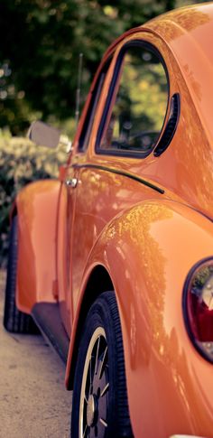 an orange vw bug parked on the side of the road with trees in the background