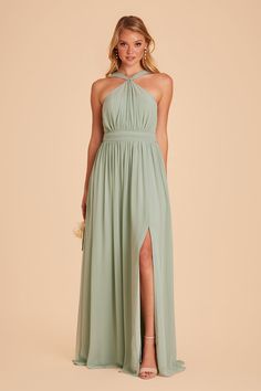 Our Kiko halter dress is beautiful in sage chiffon. The design features hidden pockets, bra cups, and a sexy slit in the skirt. The combination of airy chiffon, a feminine halter neckline, and a high slit creates a sexy-sophisticated goddess silhouette for the ages. | Sage Bridesmaid Dress Chiffon Size 2XL | Birdy Grey Kiko Goddess Silhouette, Ice Blue Bridesmaid Dress, Bridesmaid Dress Chiffon, Lavender Bridesmaid Dresses, Sage Bridesmaid Dresses, Wedding Roles, Sage Green Bridesmaid Dress, Bridesmaid Ideas, Grey Bridesmaids