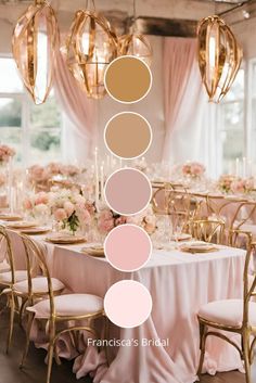 the table is set with pink and gold flowers, chandeliers, and chairs