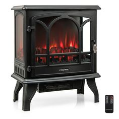 an electric fireplace with the remote control on it