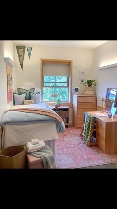 the bedroom is clean and ready to be used as a home office or work space