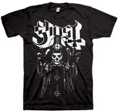 a black t - shirt with an image of a skeleton holding a knife and wearing a gas mask