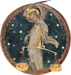 an angel holding a balance scale with stars in the background