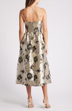 A glittering garden graces a party-perfect dress that telegraphs old-world glamour. 40" length Hidden back-zip closure Sweetheart neck Spaghetti straps Lined 75% polyester, 19% metallic fibers, 8% nylon Dry clean Imported Floral Print Midi Dress With Sweetheart Neckline For Parties, Party Floral Print Tea Length Midi Dress, Party Floral Print Tea-length Midi Dress, Party Tea-length Floral Midi Dress, Party Dress With Floral Print And Straight Neckline, Party Midi Dress With Floral Print And Straight Neckline, Gold Brocade Dress, Garden Party Outfit, Metallic Gold Dress