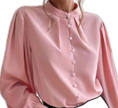 Fitted Collar Top In Solid Color, Elegant Non-stretch Tops, Elegant Solid Color Summer Shirt, Elegant Spring Shirt, Trendy Solid Button-up Tops, Trendy Solid Color Office Shirt, Non-stretch Solid Color Office Blouse, Pink Long Sleeve Solid Color Shirt, Elegant Plain Button-up Blouse