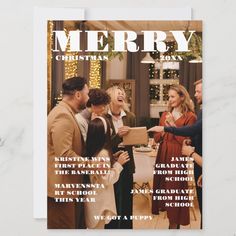 a christmas card with the words merry written in white and surrounded by people around a table