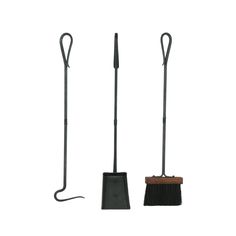 two brooms and a brush are shown on a white background, one is black