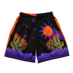 Desert Sun Unisex mesh shorts, Phoenix Basketball Shorts. These shorts are the perfect choice for those who need flexibility in their attire. Whether you're hitting the gym, running errands or enjoying an outdoor activity, they'll be your trusty companion. Look good, feel good, and stay comfortable, all with the unisex mesh shorts. *Please note, for a comfortable, lightweight feel, these shorts are made from a two-way stretch fabric. Keep in mind this fabric is thinner than some other options. *Product is designed in Minnesota and made to order, however does not ship from Minnesota. Allow 3-7 business days for fulfillment via Printful. Shipping through multiple locations in the US and worldwide. We are unable to expedite shipping unfortunately. *  100% recycled polyester fabric *  Fabric w Sports Shorts With Built-in Shorts For Summer, Moisture-wicking Shorts For Summer, Summer Athleisure Athletic Shorts For Streetwear, Summer Sportswear Streetwear Shorts, Summer Streetwear Athleisure Athletic Shorts, Summer Moisture-wicking Shorts, Sportswear Style Summer Shorts, Summer Sportswear Shorts For Streetwear, Summer Sportswear Shorts For Outdoor Activities