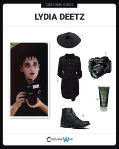 the costume guide for lydia detz is shown in black and features accessories