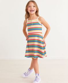 Striped Cami Fit & Flare Dress | Hanna Andersson Playful Striped Dress For Playdate, Playful Striped Dresses For Playdate, Striped Summer Dresses For Playdate, Striped Dresses For Summer Playdate, Easter Fashion, Bright Stripes, Dress Costume, A Hero, Hanna Andersson