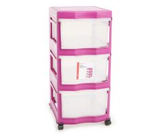 a pink cart with three plastic drawers on wheels and two white bins in the middle