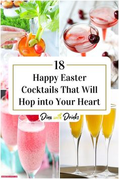 Collage of 4 happy easter cocktails. Easter Beverages Alcoholic, Easter Prosecco Cocktails, April Cocktails, Easter Cocktails Recipes, Easter Drinks For Adults, Easter Drinks