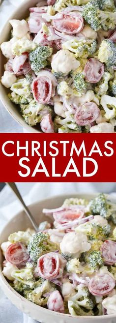 this christmas salad is loaded with broccoli, onions and ham it's ready to be eaten