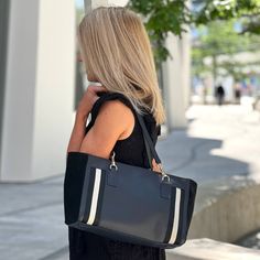 Our Abbeville Mini Slouchy Tote in Navy pebble grain leather with Black Suede ends and Black and White webbing.  The perfect mix of Navy and Black !  As seen on Davina McCall.  The bag closes with a zip for that extra bit of security and includes our Meg & Bee star disc zip pull. There is an internal zipped compartment. Each bag comes with a pair of its own removable leather handles in the same colour pebble grain.. These can be used either as carry straps or shoulder straps. It has four leather Slouchy Tote Bag, Davina Mccall, Stocking Fillers For Him, Slouchy Tote, Stocking Fillers For Her, Forever Jewelry, Leather Handles, Tie Shoes, Cuff Earrings