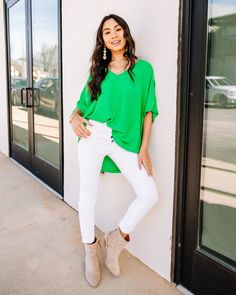 Under $30 and the perfect transition top? Shop now! PS- it also comes in FOUR other colors! 😍 Couldn't Be Better Bright Green Top Trendy & Affordable Clothing || Live With Purpose 💕 Dress With Confidence || Text MINT to 90243 for 15% off Green Relaxed Fit V-neck Blouse, Green V-neck Top For Day Out, Oversized Green V-neck Top, Summer Rayon V-neck Tops, Versatile Oversized V-neck Blouse, Oversized Versatile V-neck Blouse, Chic Short Sleeve V-neck Top For Spring, Relaxed Fit V-neck Summer Top, Chic V-neck Top For Vacation