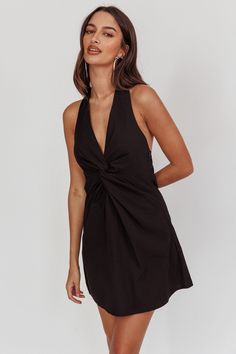 Zoriah Twist Bust Halterneck Mini Dress Black by Selfie Leslie Low Neckline Dress, Cowboy Chic, Halterneck Mini Dress, Low Neckline, Concert Fits, Pool Parties, Dress A Line, Twist Knot, Mini Dress Black