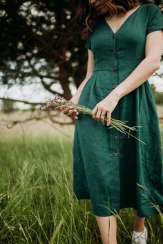 Linen Dress for Women With Wooden Buttons A Silhouette - Etsy Green Linen Dress With Buttons, Elegant Fitted Green Linen Dress, Green Fitted Linen Dress, Green Buttoned Dress For Garden Party, Green Linen Dress For Garden Party, Green Linen Knee-length Midi Dress, Fitted Green Linen Midi Dress, Green Buttoned Linen Summer Dress, Green Linen Summer Dress With Buttons