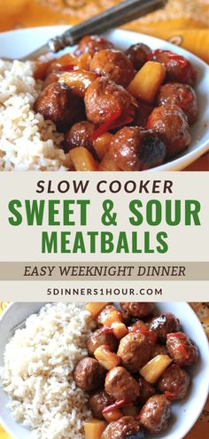 slow cooker sweet and sour meatballs with white rice in a bowl on a table