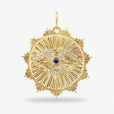 Ward away any evil with this quintessentially Greek diamond and sapphire evil eye necklace. It has been crafted in 14K yellow gold and features a round sapphire and round brilliant diamonds accented with a textured background. Natural Diamonds: 0.15ctw Natural Sapphire: 0.05cts 14K Yellow Gold Length: 1 Inch Diamond Evil Eye, Round Sapphire, Gold Disc, Eye Pendant, Evil Eye Pendant, Evil Eye Necklace, Natural Sapphire, Eye Necklace, Brilliant Diamond