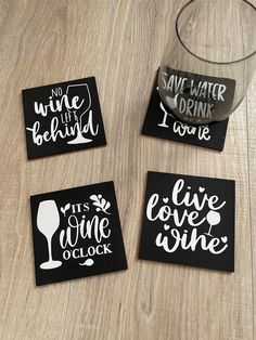 Cute wooden coasters are a perfect gift to bring a smile to anyone's face! I'm sure you have a friend or family member who would love to have and USE a set of funny wine coasters. Each coaster is made from a wooden 4 x 4-inch square painted black with white lettering. Cork is adhered to the back of each coaster to protect your furniture from scratches and spills. The coasters are sealed for waterproofing. To clean wipe with a damp cloth. This set of 4 includes the following saying: * Live love w Wine Themed Crafts, Wine Coaster, Crayon Roll, Funny Coasters, Save Water Drink, Cute Coasters, Wine Coasters, Water Drink, Funny Wine