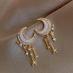 Moon and Stars Dangle Earrings - Gold - Mystical Rose Gems Moon And Star Earrings, Crystal Dangle Earrings, Birthday Jewelry Gift, Moon And Stars, Moon Earrings, Gold Earrings Dangle, Girls Earrings, Geometric Earrings, Rhinestone Earrings