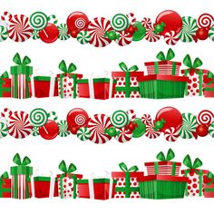 a christmas border with candy canes, presents and candies on white background illustration