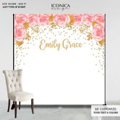 pink roses and gold confetti personalized backdrop