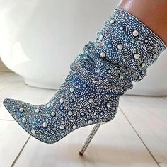 Heel Height Approx: 4.5" Shoe Model Suggestion: True To Size Glamorous High Heel Rhinestone Boots, Blue Pointed Toe Boots With Rhinestones, Blue High Heel Boots With Rhinestones, Blue High Heel Synthetic Boots, Trendy Ankle-high Denim Boots, Rhinestone High Heels, Fashion Shoes Heels, Girls Heels, Cute Shoes Heels