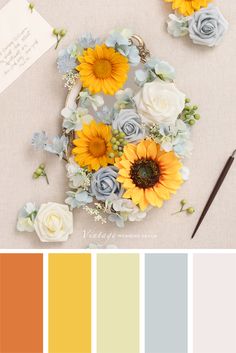 sunflowers, roses and other flowers are arranged on a table with color swatches