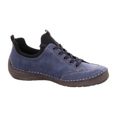 Rieker Lace-up Casual Shoe for Women, Blue Rieker Lace-up Casual Shoe in Blue Comfortable and practical! These ocean blue shoes with a wide black shaft from Rieker guarantee a heavenly wearing experience. The lightweight and shock-absorbing profile sole provides lasting comfort - even on long days. Another plus is the soft insole. Slip in and feel good!   Color: Blue  Heel Height: 2.7 cm  Heel Shape: Flat  Toe Shape: Round  Shoe Width: Normal (G)  Removable Insole: No  Color of Sole: Gray  Closure: Slip-on  Water Protection: No  Reflective: No  Fit: True to size  Shaft Height: Ankle-high   Material & Care  Upper Material: Synthetic  Inner Material: Synthetic  Insole: Leather  Sole: PU Sole  Shoe Lining: Cold or Unlined  Care Instructions: Remove dust and dirt with a soft shoe brush or a li Casual Blue Lace-up Walking Shoes, Blue Lace-up Walking Shoes For Outdoor Activities, Casual Blue Round Toe Walking Shoes, Casual Blue Walking Shoes With Round Toe, Blue Walking Shoes With Rubber Sole, Casual Blue Leather Walking Shoes, Comfortable Blue Lace-up Sneakers, Comfortable Blue Leather Walking Shoes, Comfortable Blue Leather Sneakers